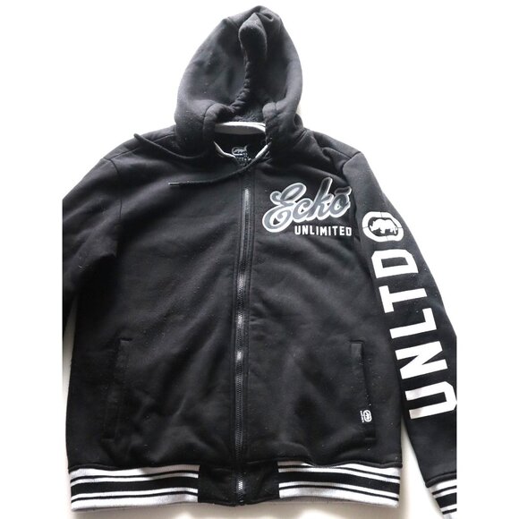Ecko Unltd Fleece Hoodie Medium Black Zip Varsity Sherpa Jacket Streetwear - Picture 1 of 10